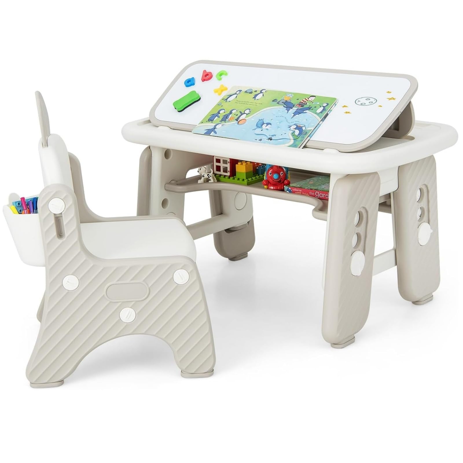 LIFEZEAL Tavolino e Sedia per Bambini 1-12 Anni, Plastica, con Accessori, Tavolo con Lavagna Magnetica, Porta Libri, Contenitore, Altezza Regolabile, Sedia Forma di Coniglio, Multiattivita, Cameretta