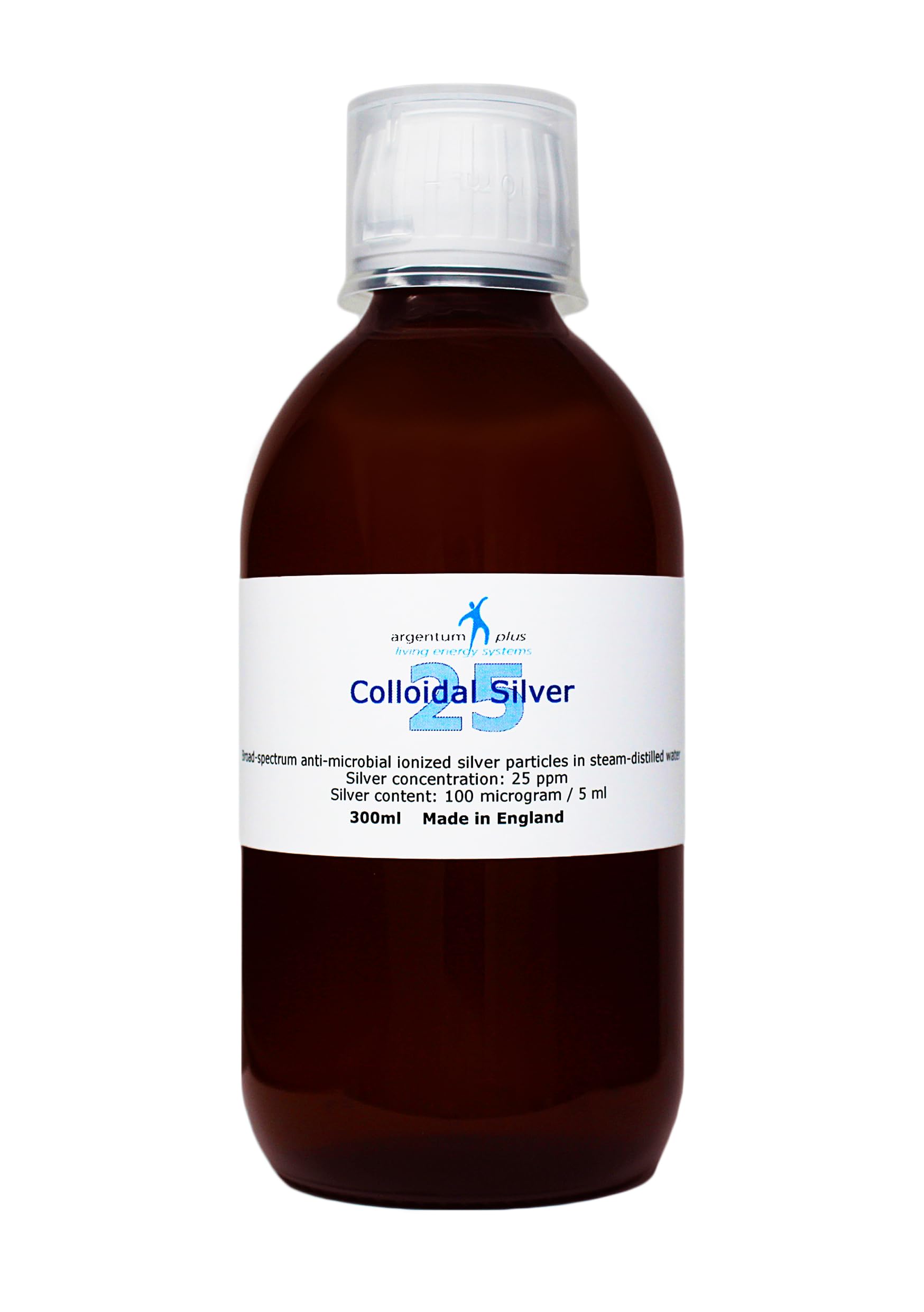 Colloidal Silver 25 ppm - 300 ml - in Amber Glass Bottle with 15 ml Dosage Cup