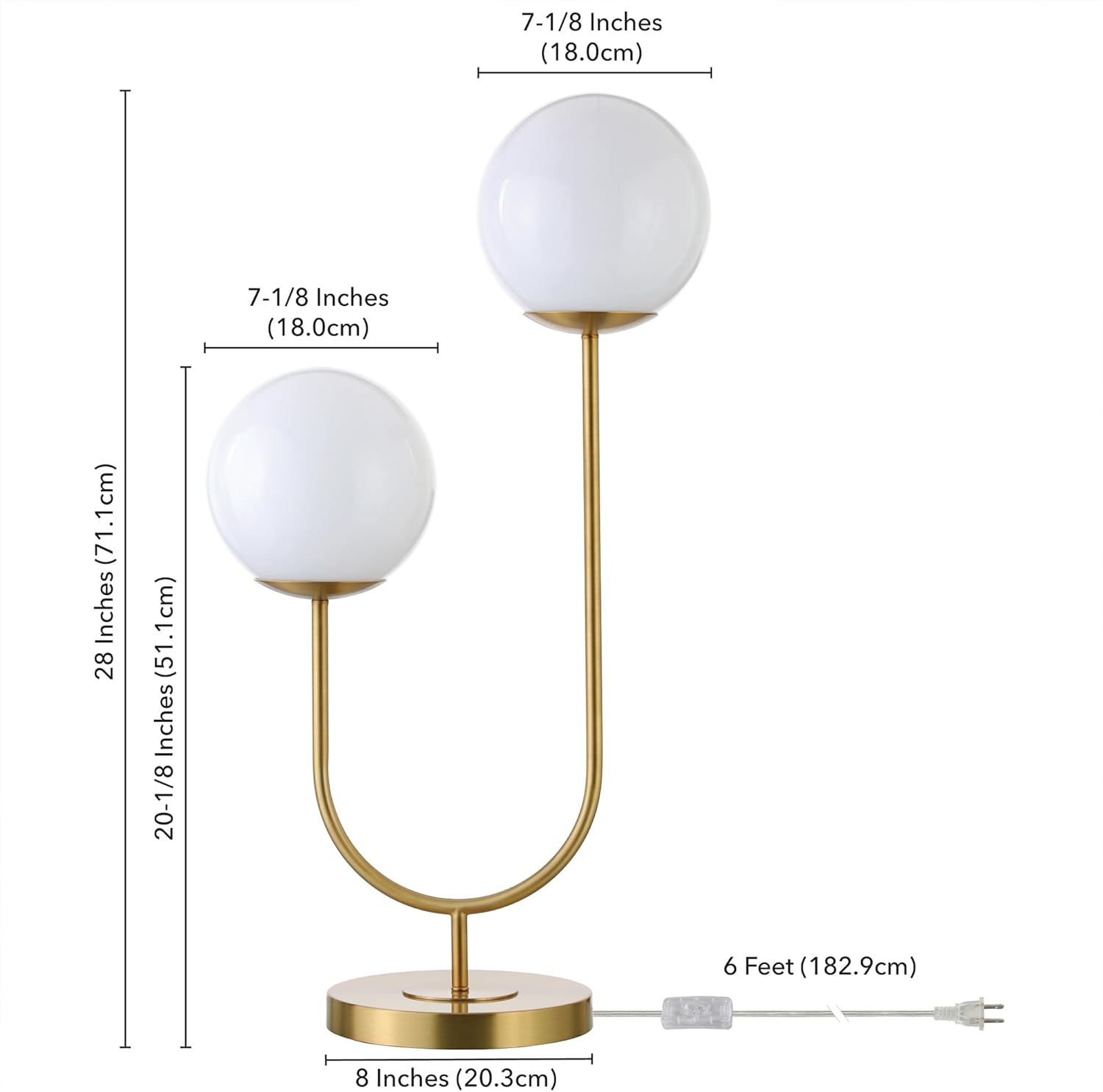 Henn&Hart 28" Mid-Century Modern 2-Light U-Shaped Table Lamp with White Milk Glass Globe Shade for Living Room, Bedroom, or Office, Gold