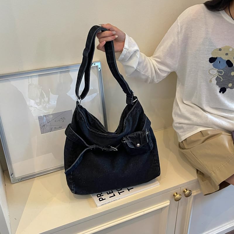 Borsa a tracolla da donna in tessuto denim, grande capacità, casual, colore