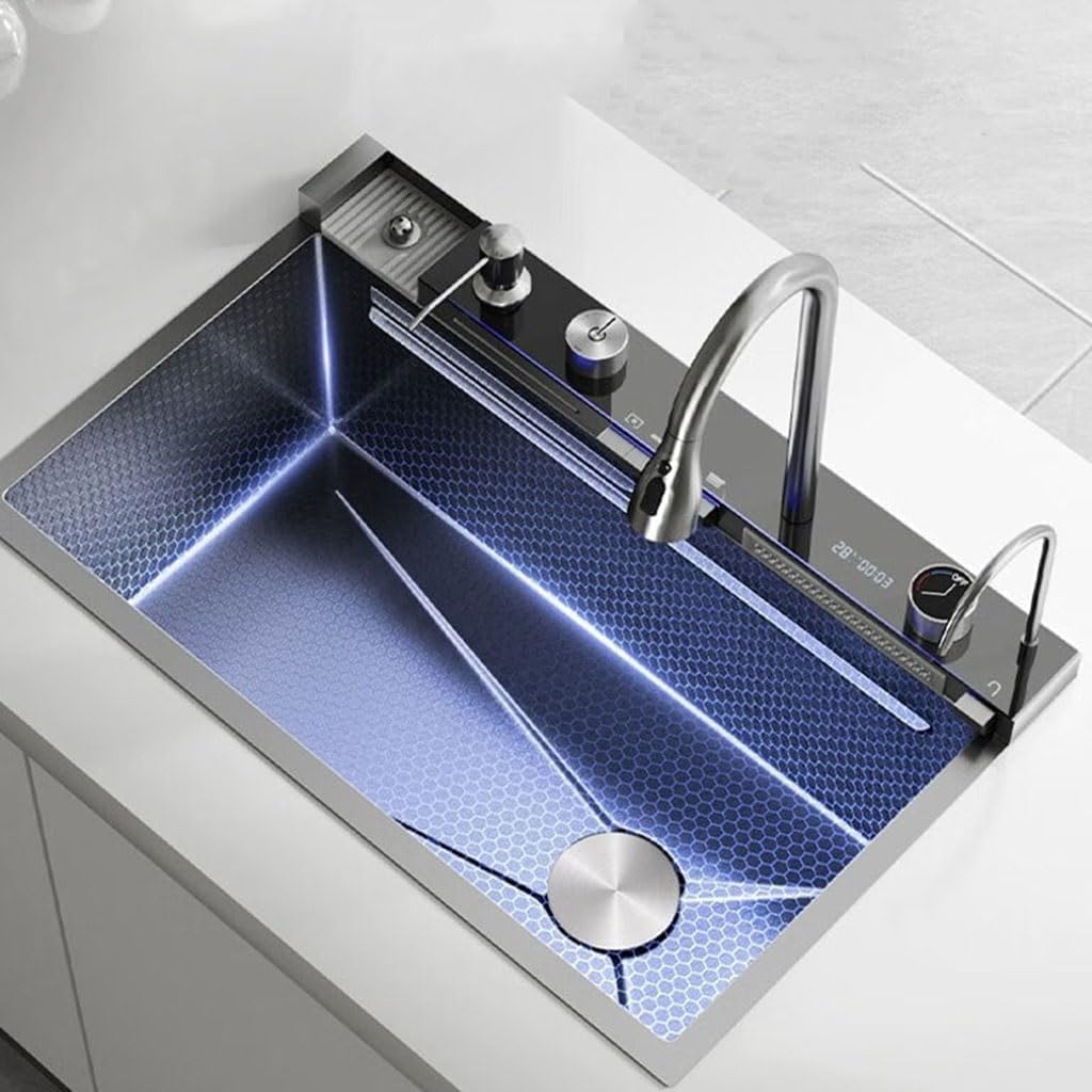 Waterfall Sink 304 Workstation for Home Stainless Steel Bar Sink for Recreational Vehicles with Digital Display Removable Rain Tap, M, Grey, 68 x 45 x 22 cm
