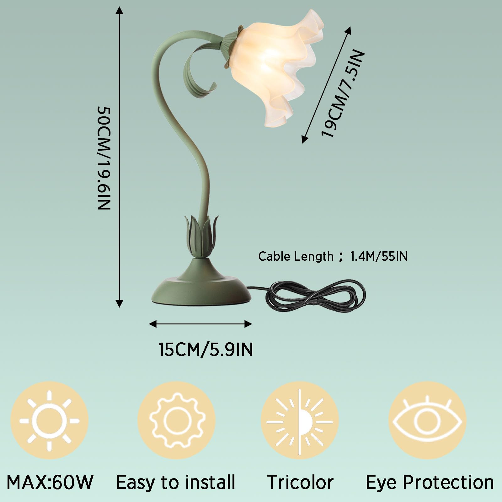 kaixunl Green Bedside Lamps,Modern Flower Table Lamp for Children Gift,DIY Night Desk Lamp for Bedrooms Living Room Study Room,Table Reading Lamp of 50Cm/19.6In - Image 2