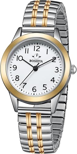 BOSHIYA Relojes para mujer Easy Reader de 1.181 in de acero inoxidable con banda de expansión plateada dorada para mujer, reloj de pulsera pequeño