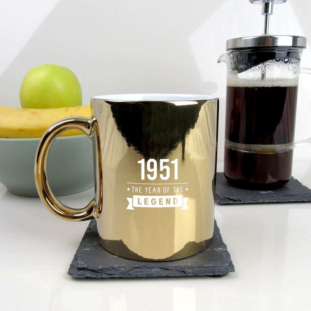 eBuyGB Seventieth Gift for Dad Engraved Metallic Shiny Gold Coffee Mug-1951 Year of The Legend Design-70th Birthday, Men-370ml Tea Cup, Ceramic