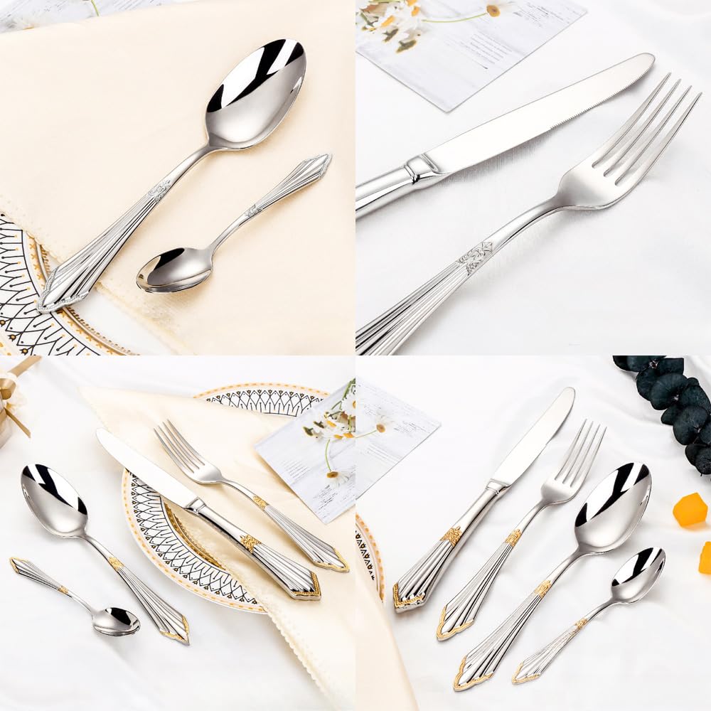 Manico in Rilievo Cucina in Acciaio Inox Argenteria Stoviglie Posate Set Posate Bistecca Coltello Forchetta Cucchiaio Cucchiaino (Argento Oro,16 pezzi)