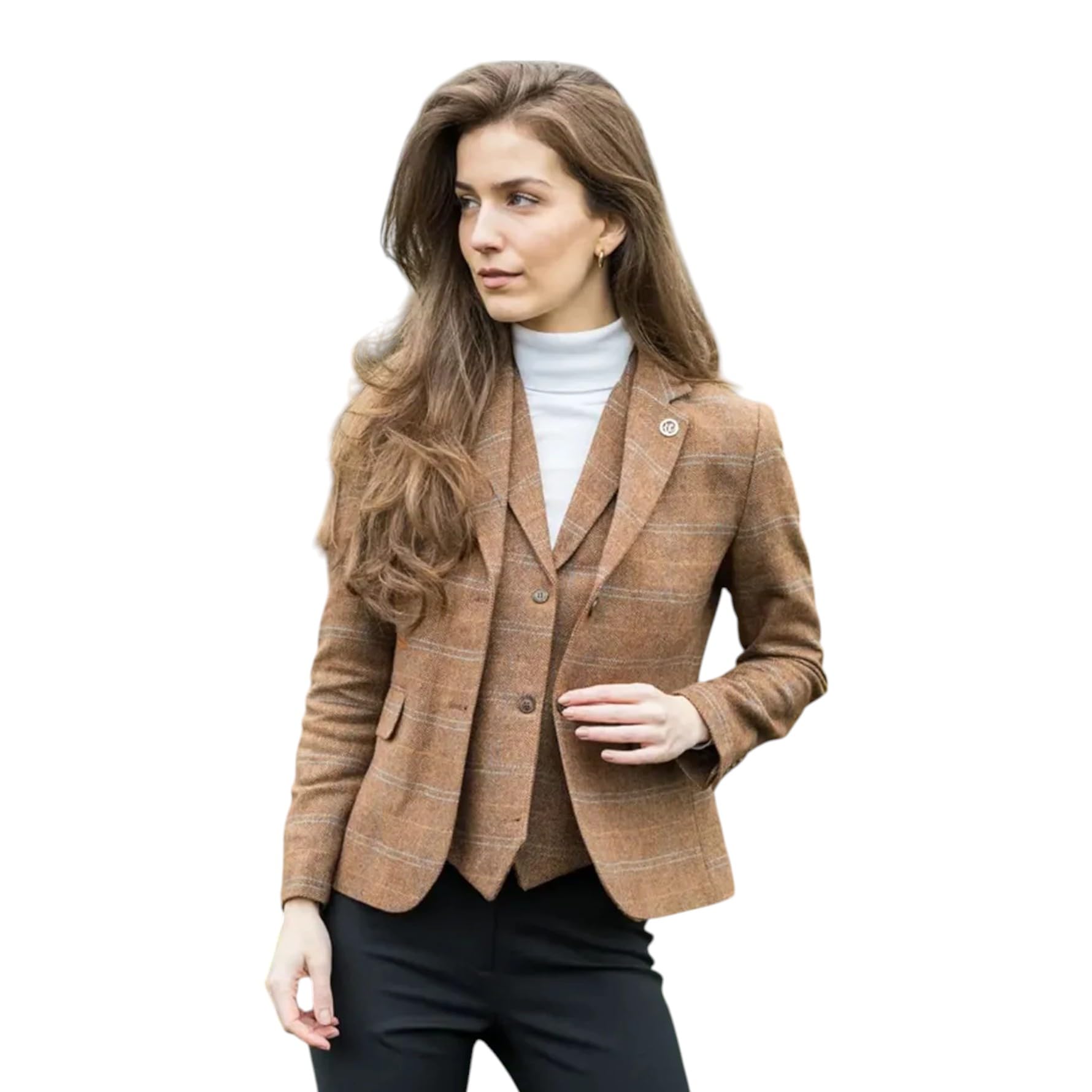 Infinity Leather Women's Beige Oak Brown 2 Piece Set Tweed Blazer Waistcoat In Herringbone Check