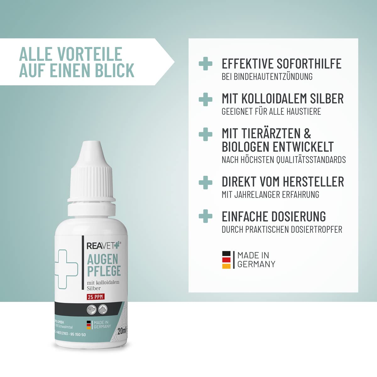ReaVET collyre spécial pour Chiens et Chats, pour Les Yeux irrités et Les Taches de Larmes, Soin des Yeux à l'argent colloïdal