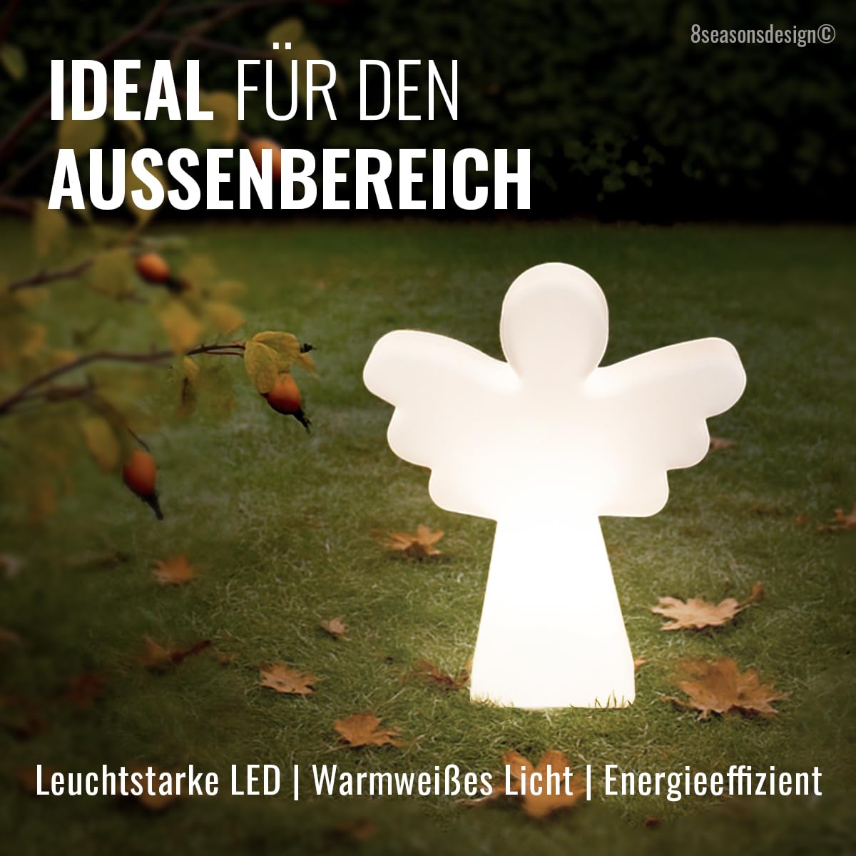 8 seasons design LED Engel 40 cm Shining Angel, E27, Leuchtmittel warmweiß -winterfest- Weihnachtsengel für außen (Garten, Balkon) und innen – Weihnachtsbeleuchtung, Taufe, Kommunion, Konfirmation