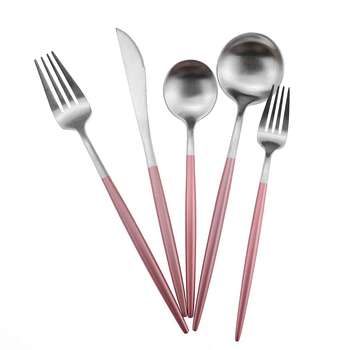 Gugrida Luxury Flatware, Royal 5 Piece Matte Pink Handle 18/10 Stainless Steel Tableware Sets for 1 Including Forks Spoons Knives, Camping Silverware Travel Utensils Set Cutlery (Pink Silver)