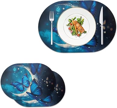 Flashideas Blue Butterfly Placemats Oval Leather Placemats Set of 2 Heat Resistant Mats for Dining Table Wipeable Placemat Plastic Waterproof Faux Leather Table Mat Set 12x18