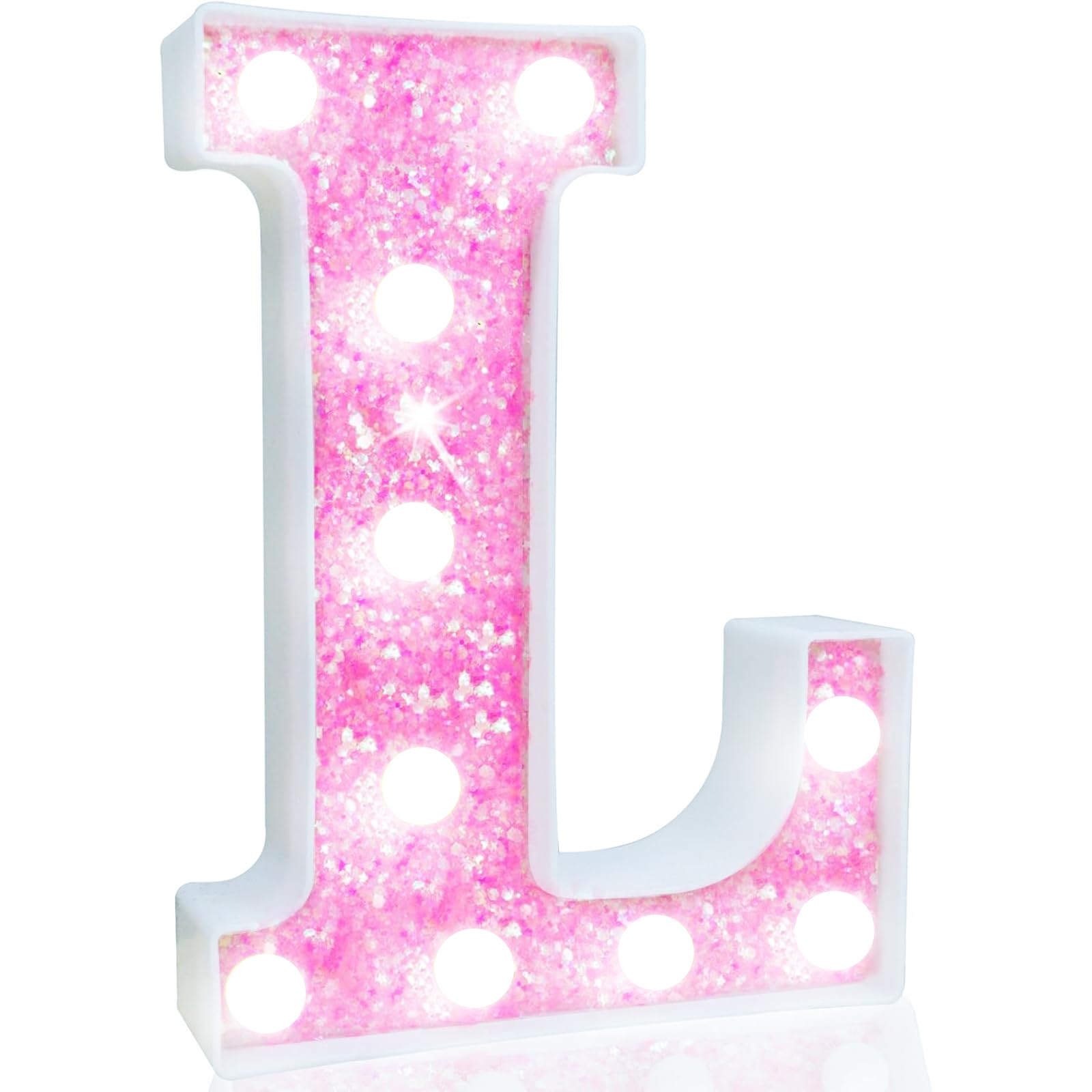 Pooqla LED Marquee Letter Lights, Light Up Letters for Birthday Decorations, Glitter Letter Sign Battery Powered Night Light Pink Party Wedding Christmas Girls Gift Bedroom Dorm Decor, Cool White L