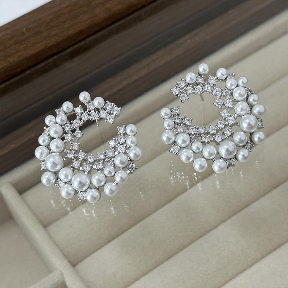 Sparkly Zirconia Statement Pearl Gold Earrings for Women Trendy, Dainty Boho Crystal Round Circle Pearls Cluster Silver Stud Drop Earring Vintage Jewelry - Image 7