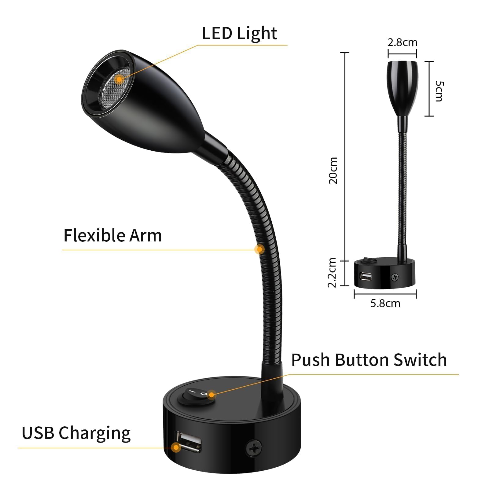 ERWEY 2er LED Lampa do czytania 12V Camper, 3W 3000K Lampa ścienna Lampa Łóżkowa z elastyczną gęsią szyją i portem ładowania USB DC12-24V Spot do łodzi, jachtu, vana oświetlenie wnętrza, czarny