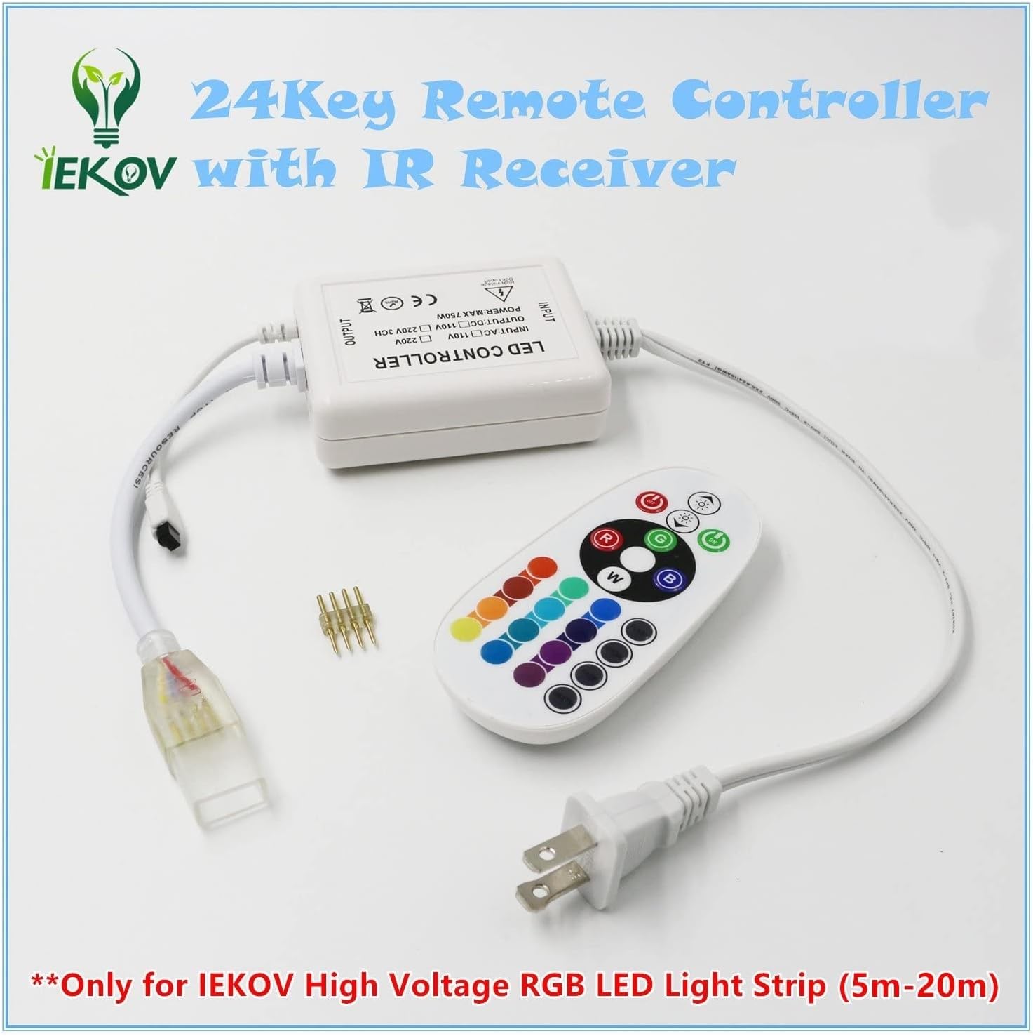 IEKOV™ Max 750W, AC 110V 120V to DC 110V Power Supply Adapter with IR Receiver + 24 Keys Remote Control only High Voltage RGB LED Light Strip (RGB,5m-20m) image 5
