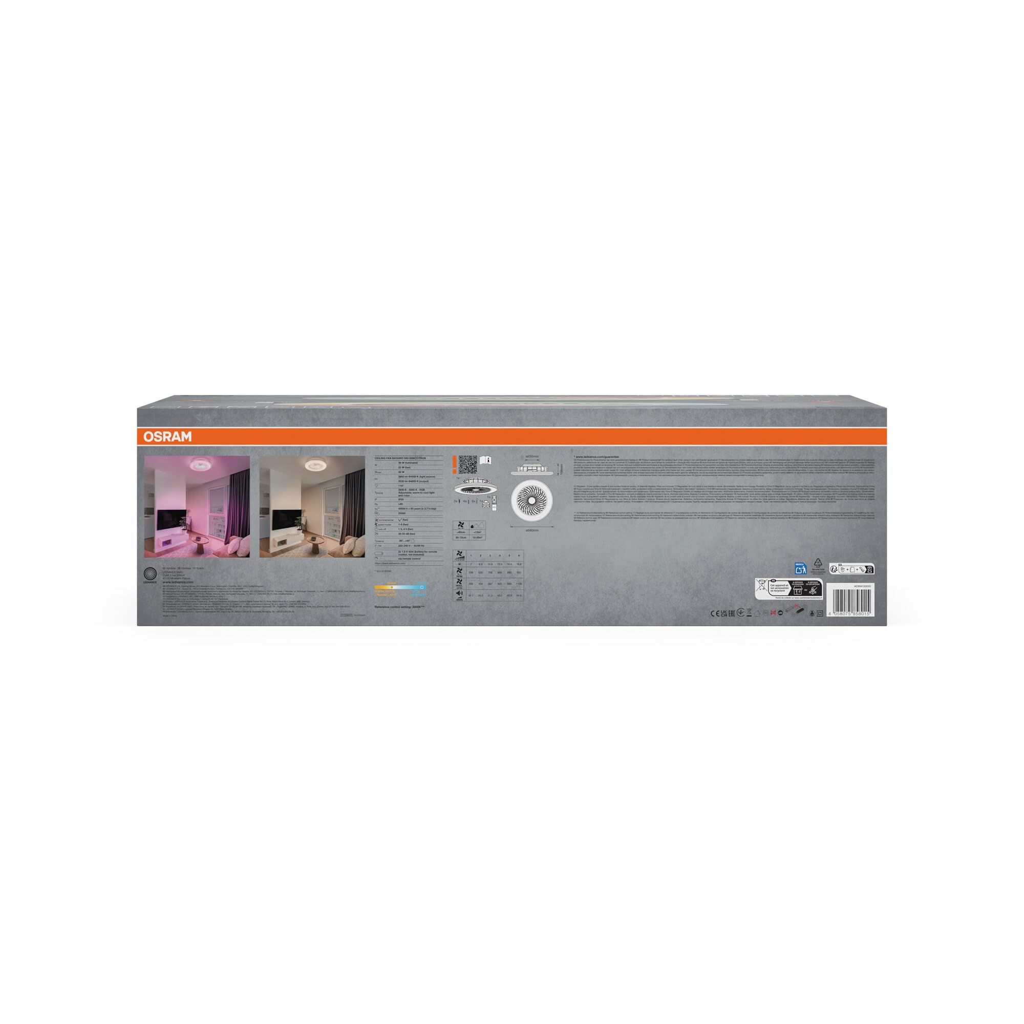 Osram LED-Deckenventilator Bayamo 590mm, 58 W, 2530 lm, CCT 3000-6500 K, RGB, 110° Abstrahlwinkel, 1935 m³/h Luftstrom, 50000 h Lebensdauer, dimmbar, Fernbedienung
