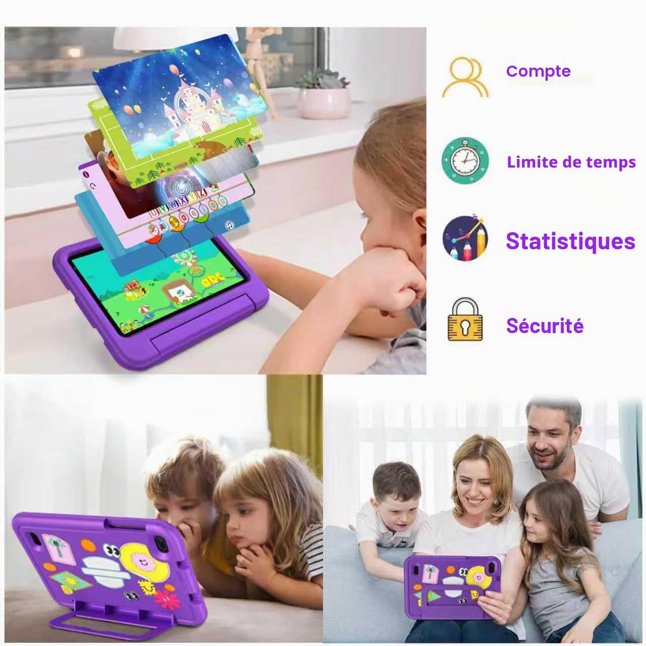 Tablette Enfants 7 Pouces Android AI Tablette avec 10GB RAM+64GB ROM(TF 1TB), Octa-Core|5G+2.4G WiFi 6 | Contrôle Parental | Dual Cameras | Bluetooth 5.0 | iWAWA Tablettes avec EVA Cas-Violet
