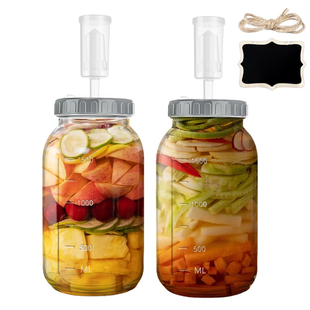 FARYODI Barattolo per fermentazione da 64 oz/1,9 l, 2 pezzi, contenitore Kimchi con chiusura d'aria per la fermentazione Kimchi, crauti, lievitazione naturale, vetro per fermentazione kefir con