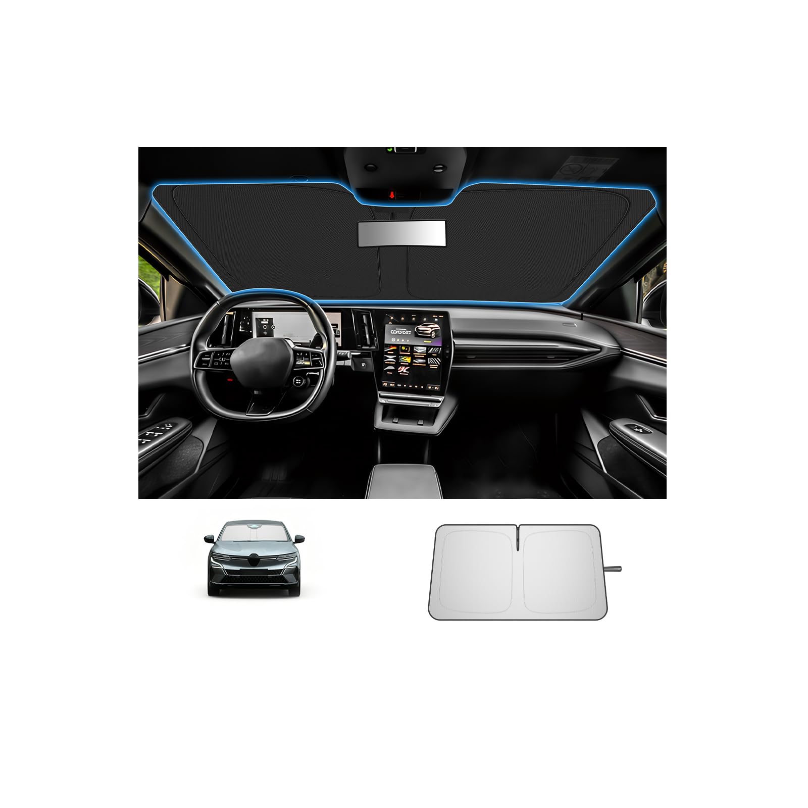 SHAOHAO [Nouveau] Pare-Soleil de Voiture pour Pare-Brise Avant Compatible avec Renault Megane E-Tech 2022-2026 Pliable avec Revêtement Argenté, Protection UV et Chaleur, Accessoires