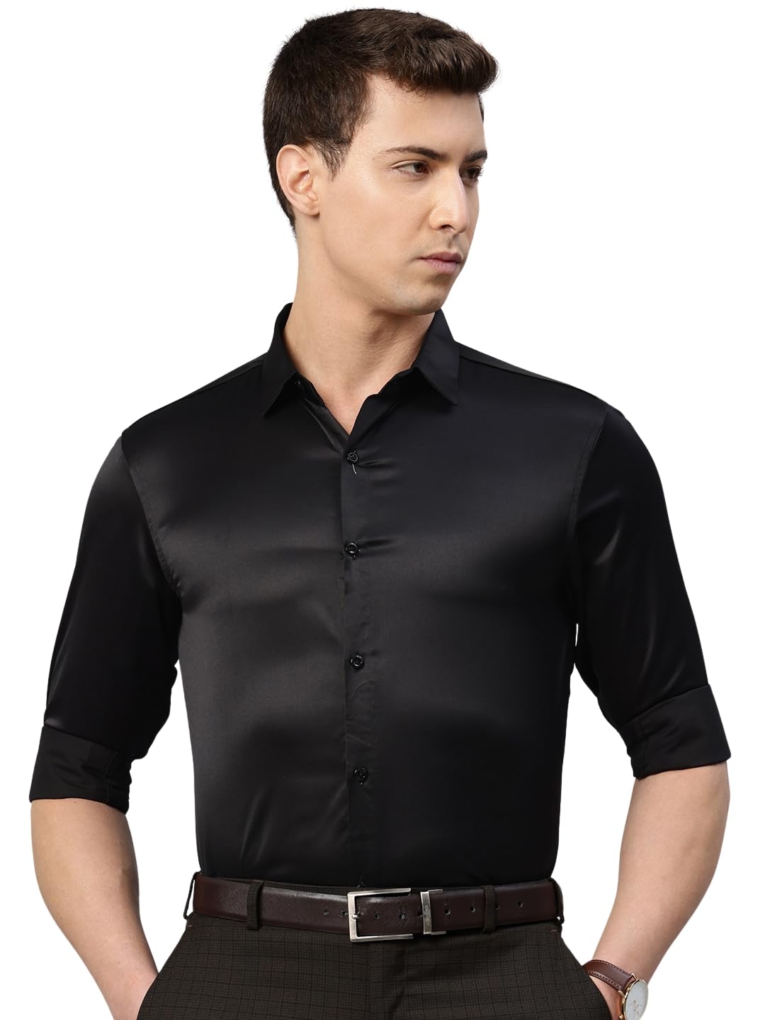 Men's Polyester Slim Fit Solid Satin Clubwear Formal Shirt