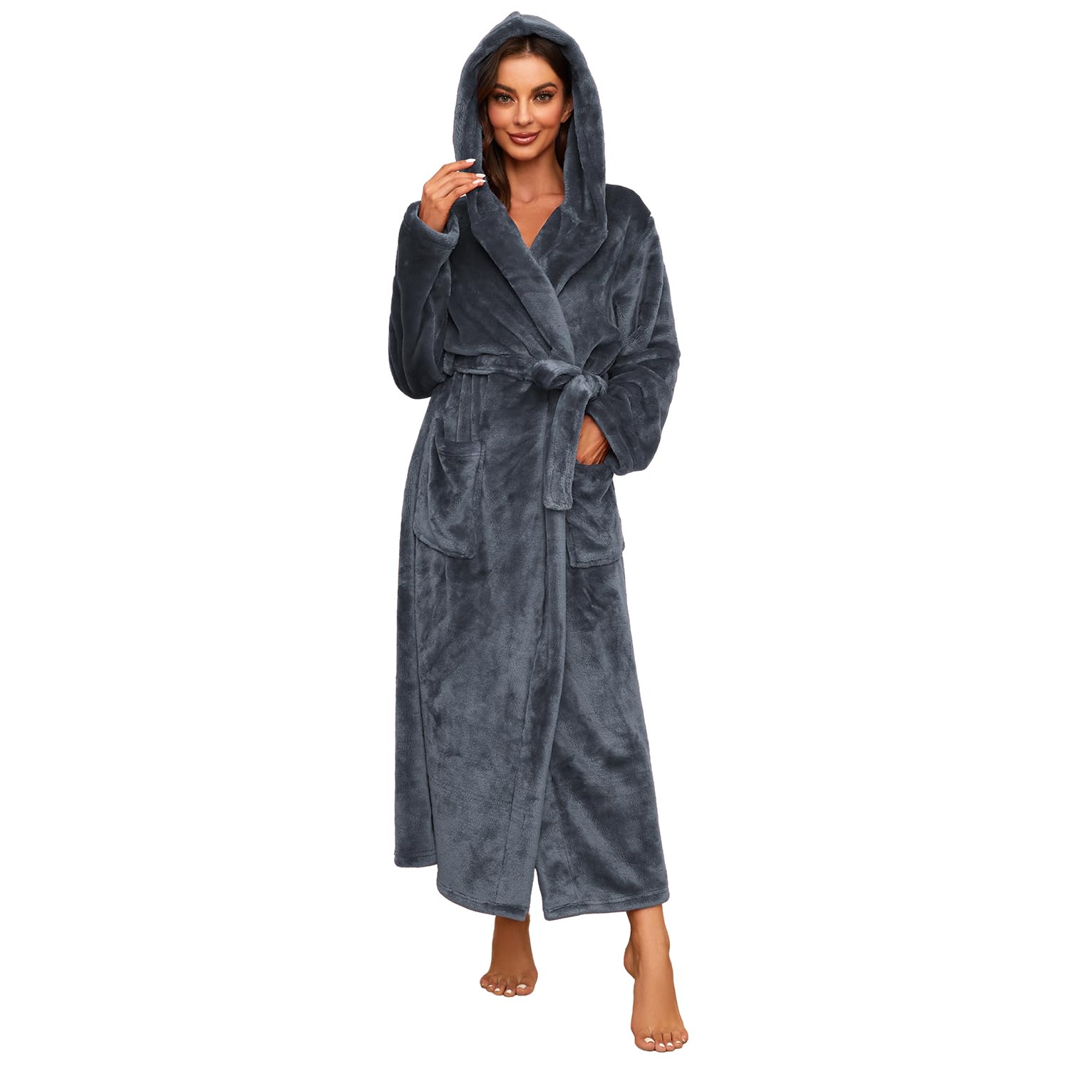 HEARTNICE Womens Long Hooded Plush Robe, Soft Thick Warm Fleece Bathrobe Full Length House Coat