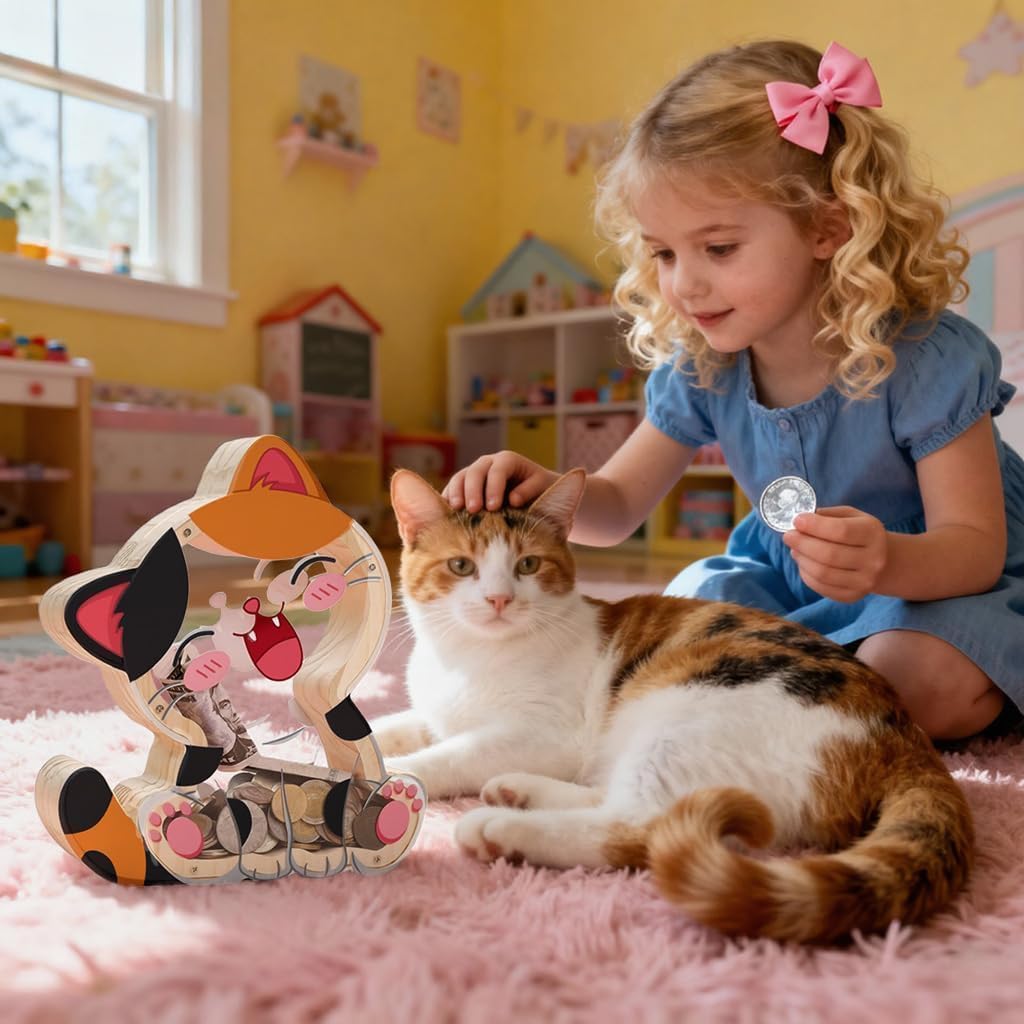 Wooden Cat Piggy Bank for Kids, Cute Money Box with Acrylic Panels, Unbreakable Toddler Saving Coin Jar for Boys Girls, Kids Coin Bank with Sticker for Birthday Easter Gifts Educational Toys