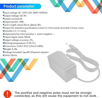 9V 2A Power Supply Adapter 18W AC Adapter AC 110-240V to DC 9Volt 2000mA 1500mA 1000mA Switching Transformer Converter with 5.5x2.5mm & 2.1mm Plug
