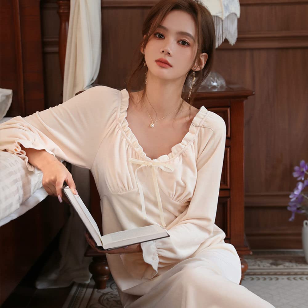 Nachthemd Damen,Damen-Nachthemden Beige, Dicker Rundhalsausschnitt, Gekräuselte Schleife, Elegantes Schlafhemd, Weiches, Bequemes, Langärmliges Nachthemd, Loungewear Für Damen, Mädchen, Pyjama-P