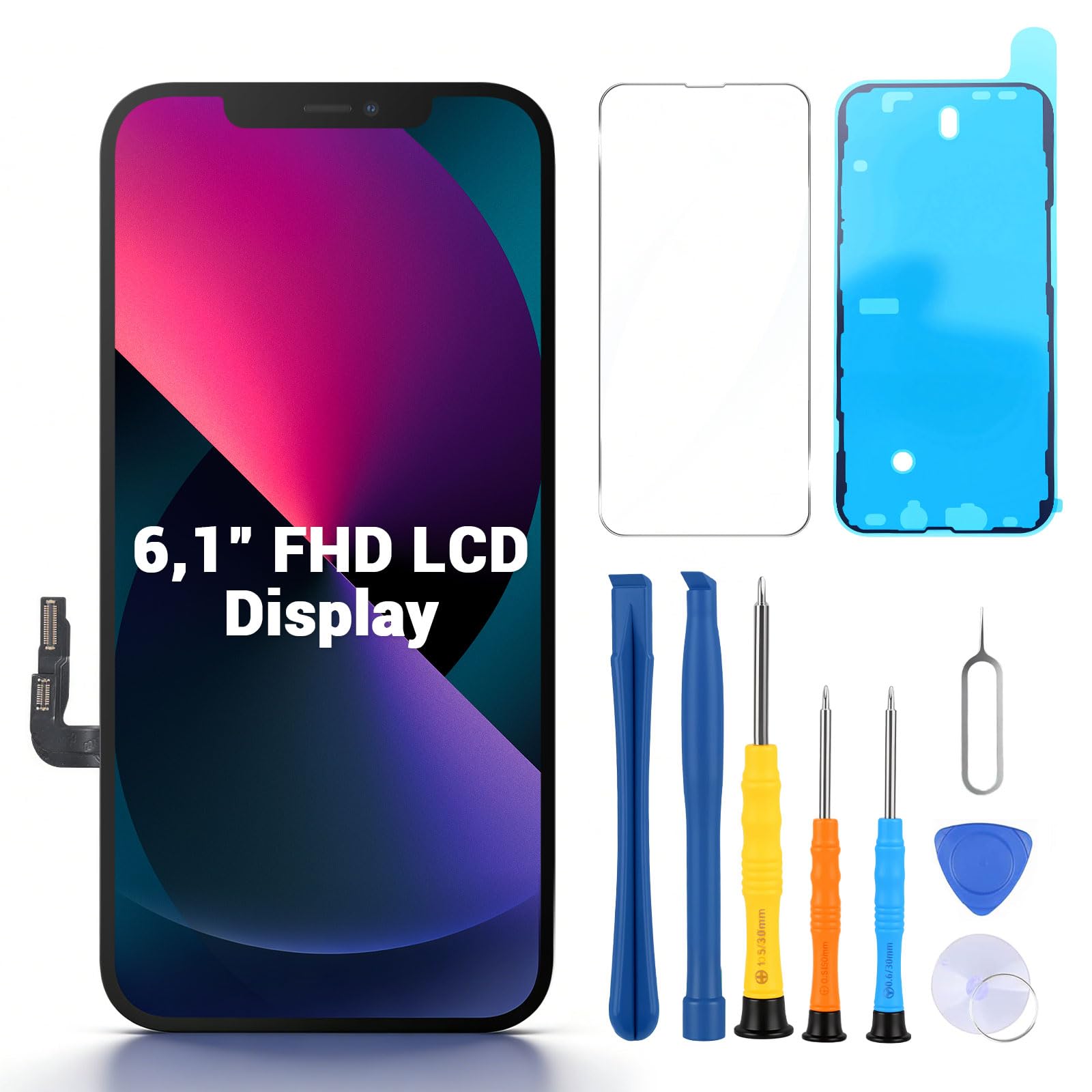 Display für iPhone 13 6,1 Zoll (15,4 cm) LCD – FHD Ersatzbildschirm mit Touchscreen Digitizer, Rahmen & Reparaturset, Komplettset für Display Austausch