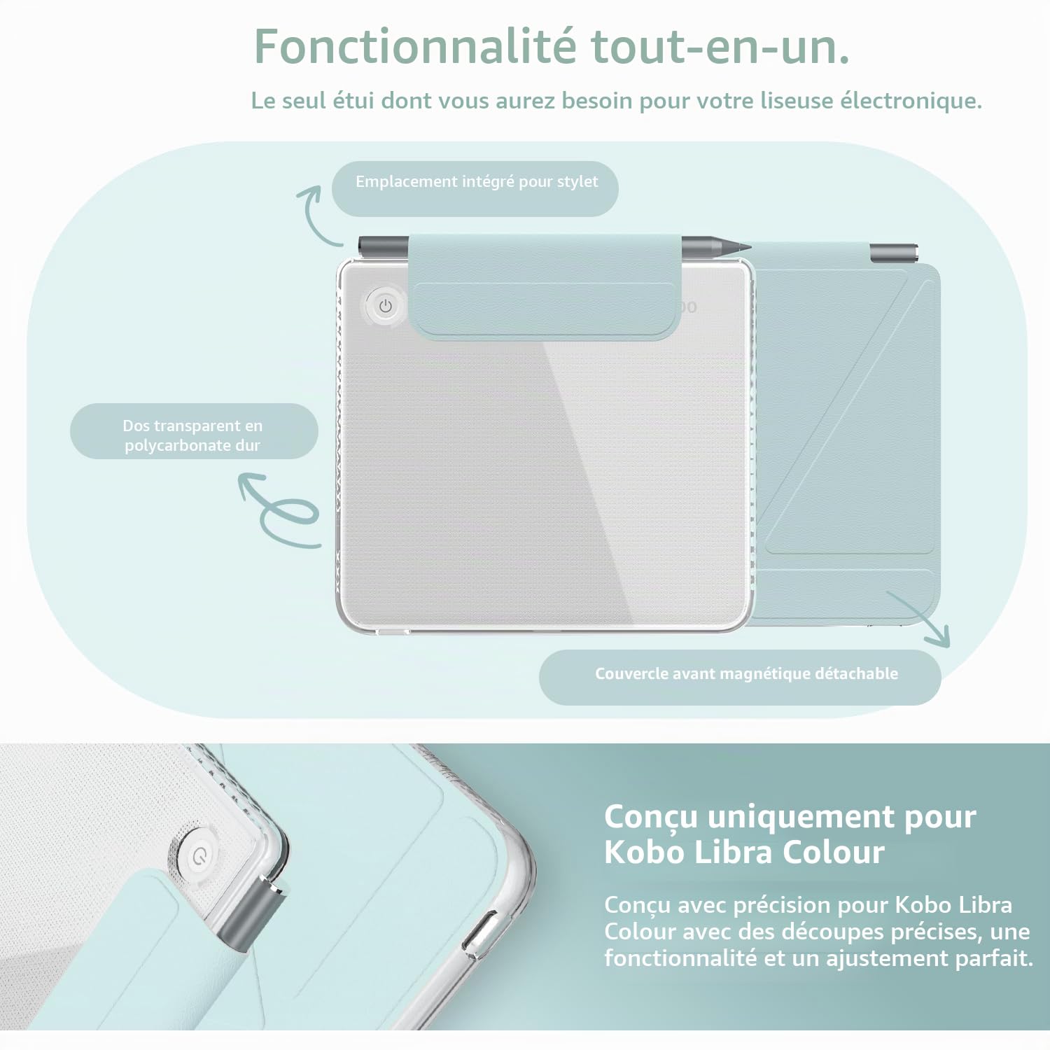 TUDIA M-Flip Coque Magnétique Transparente Amovible Compatible avec Kobo Libra Colour (2024) [Veille/Réveil Automatique] Étui Arrière Transparent Pliable avec Porte-Stylet (Bleu Layette)