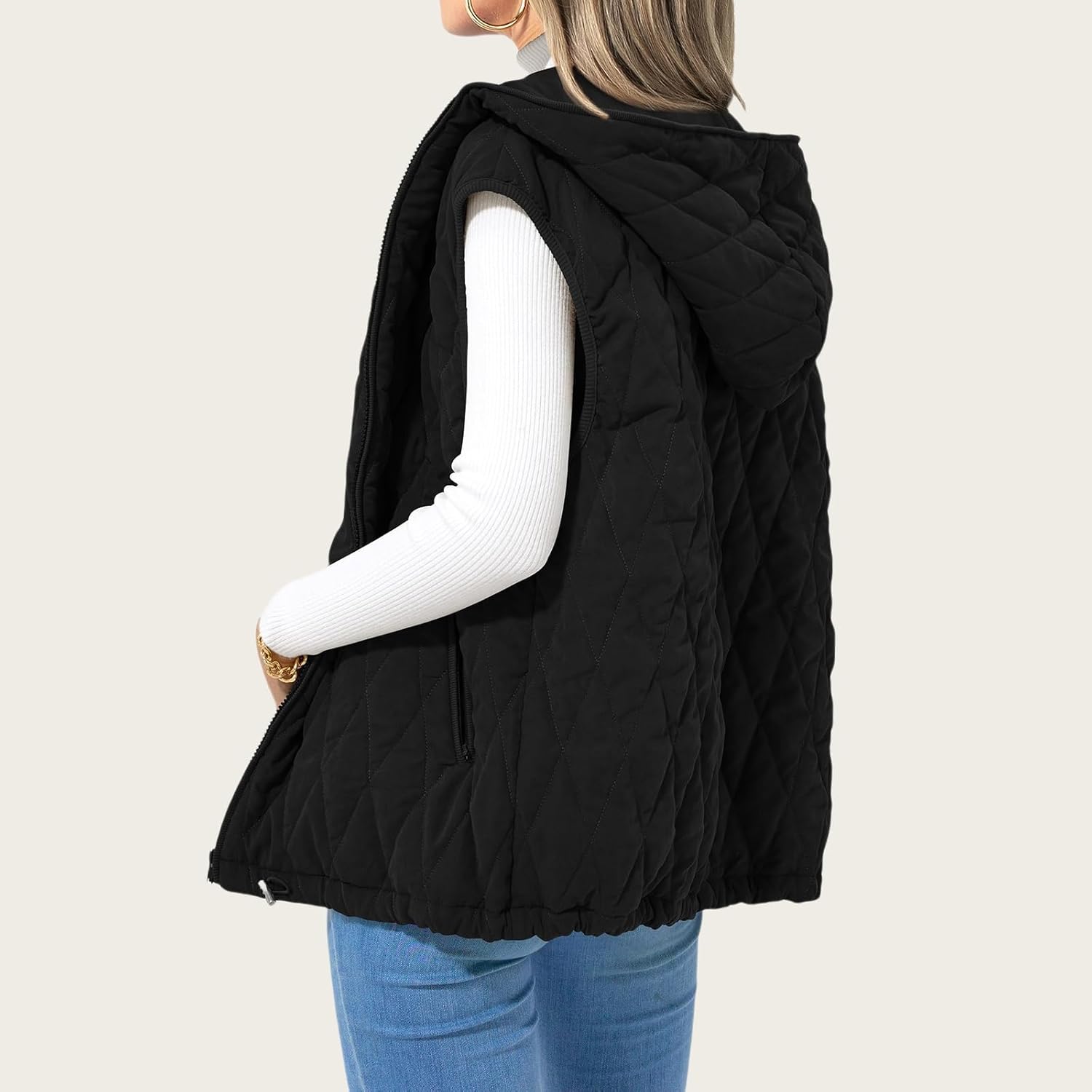 Womens Puffer Vest Casual Sleeveless Hooded Zip Up Jacket Quilted Winter Coat Stand Collar Gilet Jacket with Pockets - Image 2