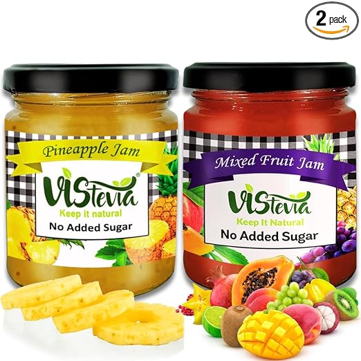 Vistevia's Sugar Free Mixed Fruit jam and Pineapple Jam, Diabetic and Keto Friendly - Sweetened Naturally with Stevia, More Than 60% Fruit Content - Tastes Delicious - Pack of 2 (220*2 GM)