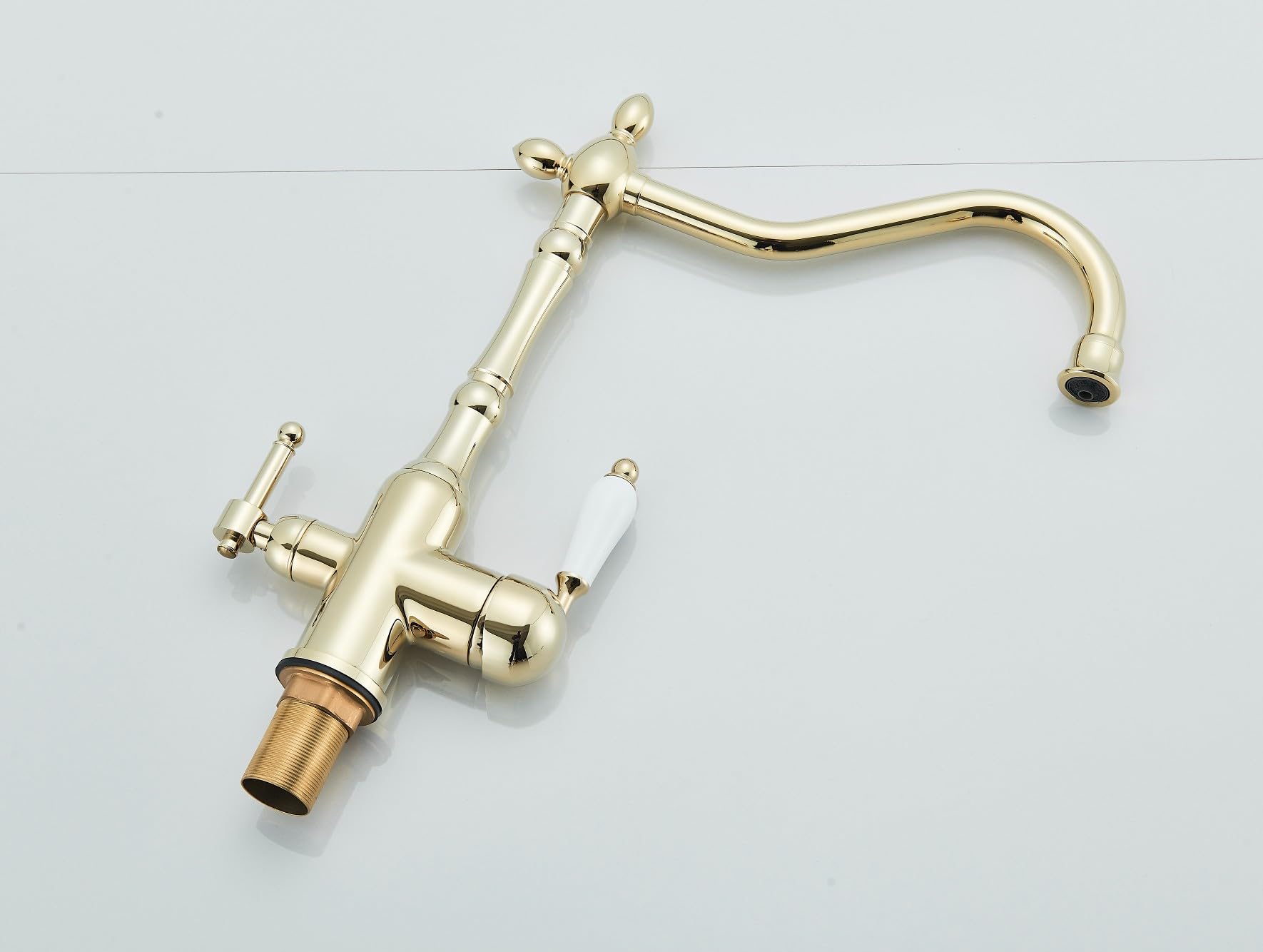 Grifo de cocina retro 2 de 3 vías con conector de filtro de agua, caño giratorio de 360°, canales de agua separados para filtrado en frío y caliente, válvula de cerámica, montaje de un solo orificio