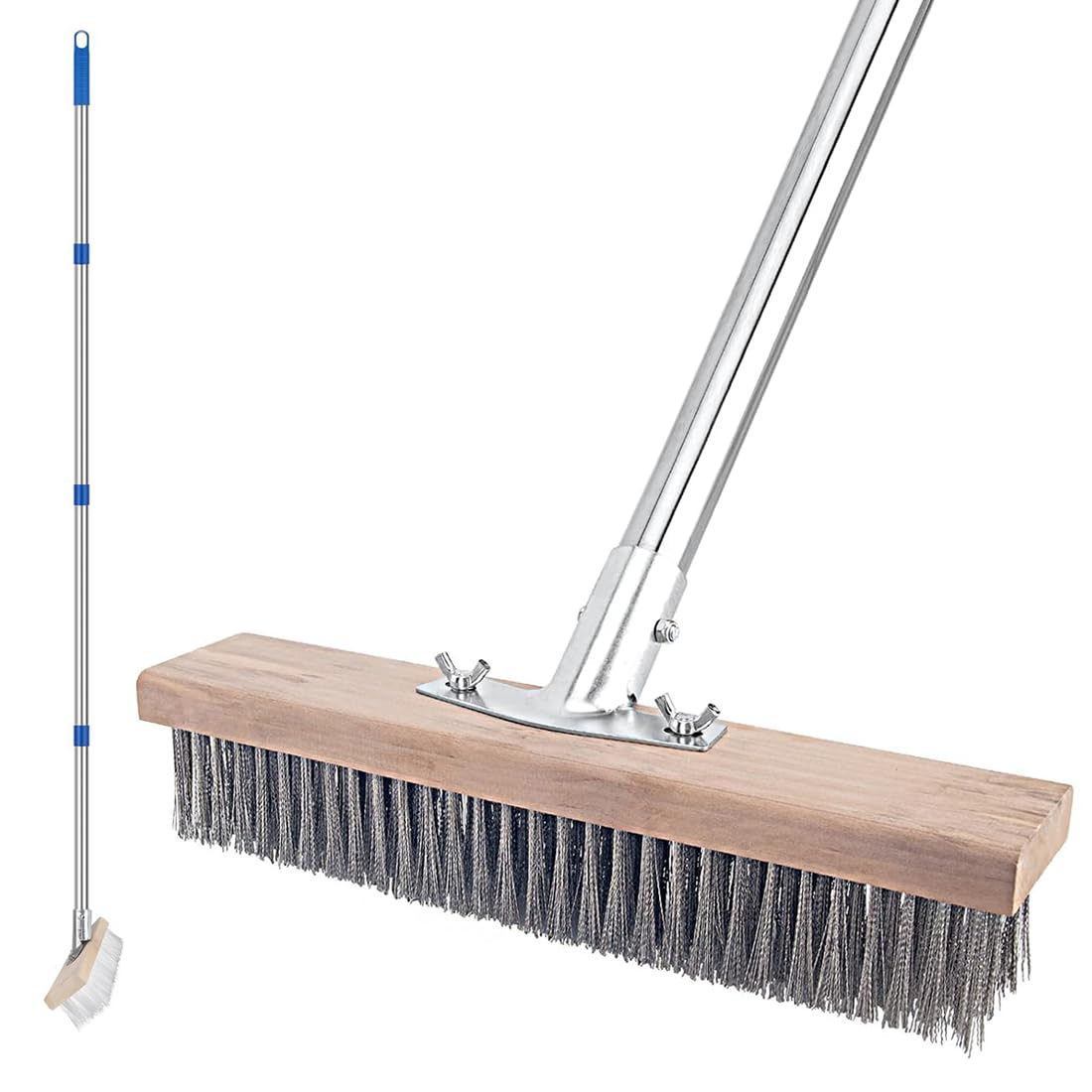 Wire Brush with Telescopic Handle (63 in), Heavy Duty Metal Bristle Wire Broom for Cleaning Garden Patio, Deck, Outdoor Broom Floor Scrubbing Brush Yard Brush, Can Removing Weed Moss Algae