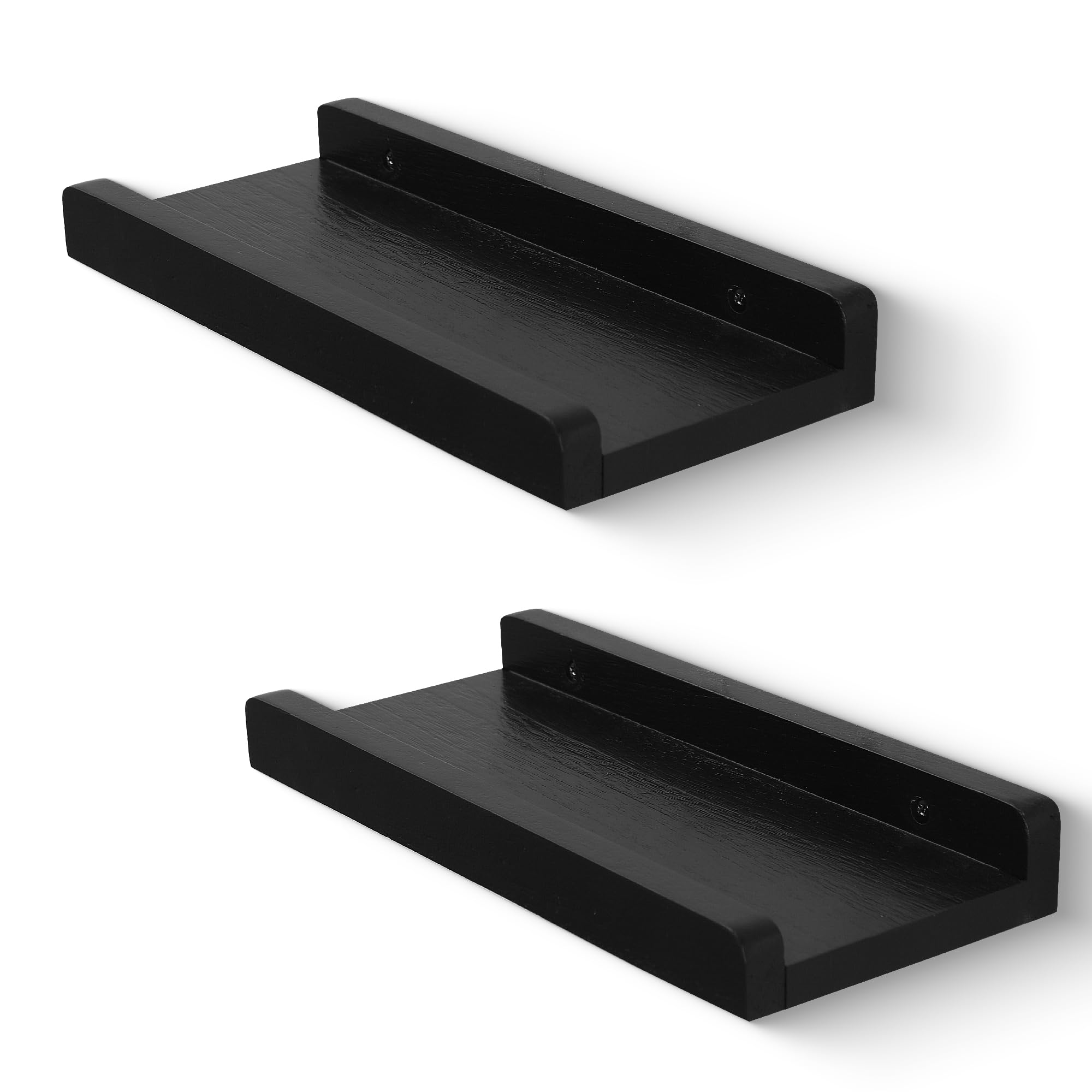MIHORLIFE Solid Wood, 30cm Small Wall Picture Shelves Ledge, Rustic Wood Floating Shelf, Decorative Display Photo Racks For Living Room, Kitchen, Bedroom, Kitchen, Books, Set of 2, Rustic Black