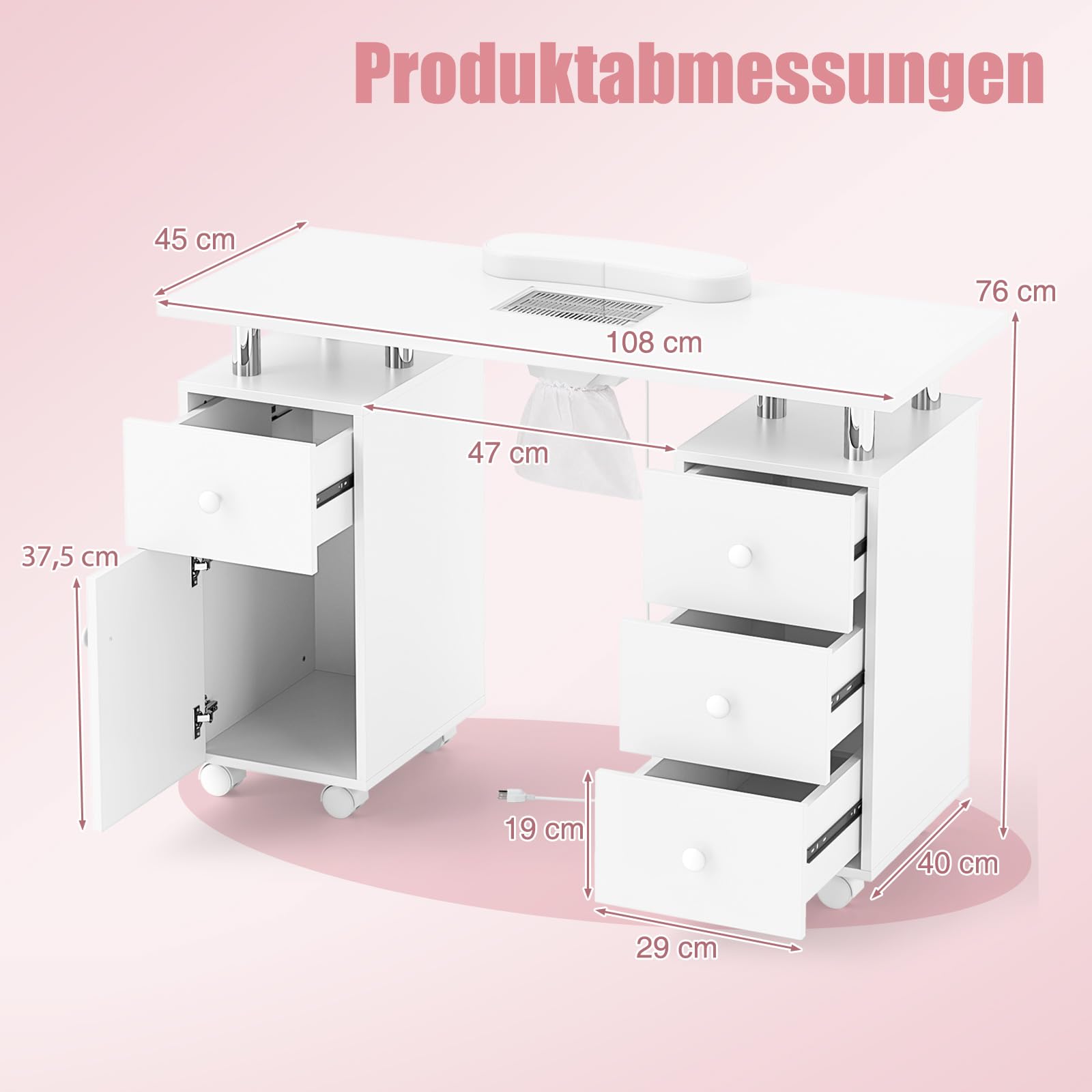 DREAMADE Manikürtisch, Nageltisch mit Staubabsaugung & 3 Staubbeuteln, Nagelstudio Tisch mit Handauflage, Schubladen, Schrank, Maniküre Tisch auf Rollen für Zuhause, Studio, Schönheitssalon (Weiß)