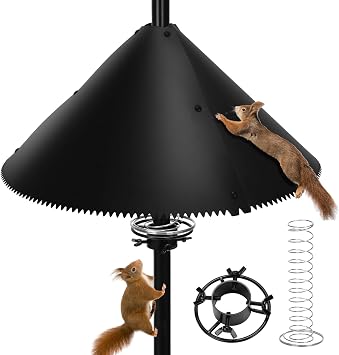 Squirrel Baffle for Bird Feeder Pole, Black,19-Inch, with Mounting Bracket and Spiked Edge