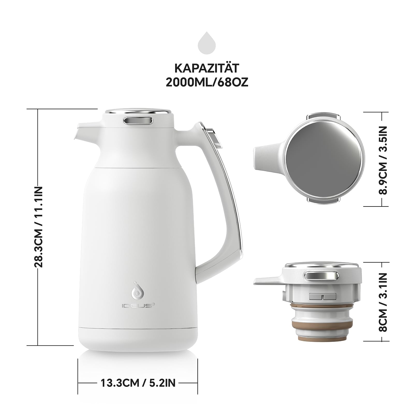 IDEUS® Thermoskanne 2l, Edelstahl Doppelwandige Kaffeekanne Vakuumisolierung Isolierkanne Warmhaltekanne Teekanne für Kaffee, BPA-frei (Weiß)
