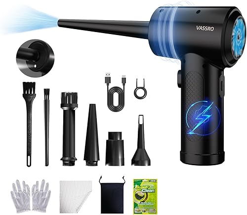 VASSRO - Plumero de aire comprimido, soplador de aire eléctrico inalámbrico para computadora, más fuerte que la mayoría de motores de 100000 RPM,