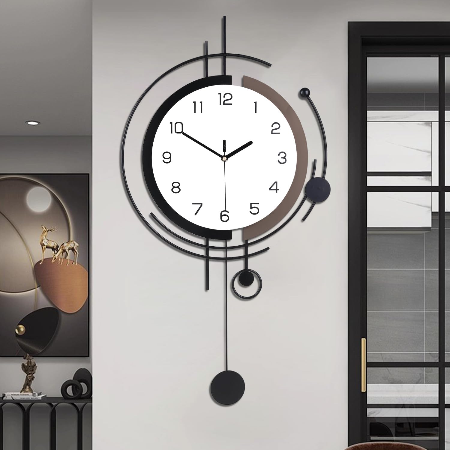 Gilacco Wall Clock with Pendulum,Silent Quality Quartz Battery Operated,Large Wall Clocks for Living Room Kitchen Home Bathroom Bedroom Wall Decor,40.6x77.5CM(Black)
