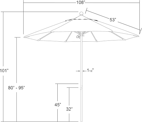 Miniatura 5 de California Umbrella Paraguas redondo de aluminiofibra de vidrio de 9 pies, empuje abierto, poste plateado, verde cazador de olefina