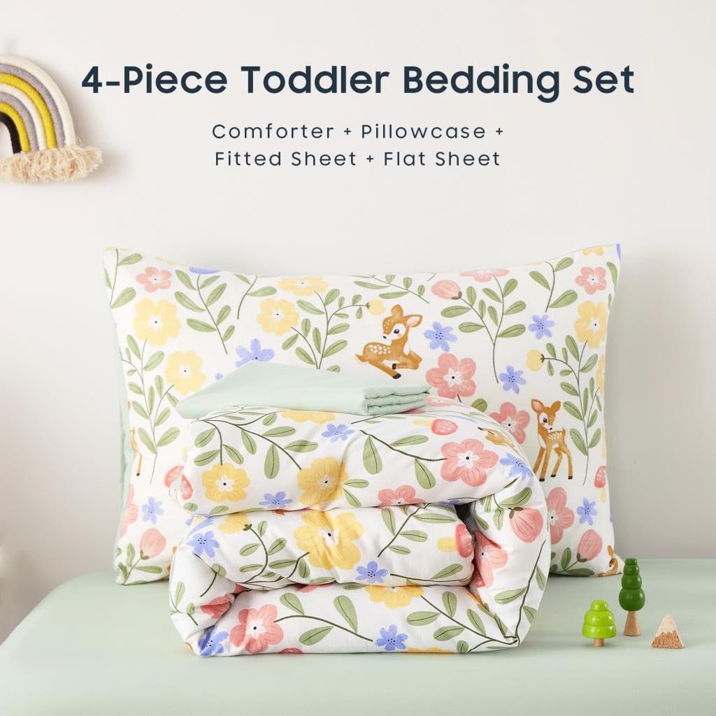 Wake In Cloud - Floral Toddler Bedding Set for Girls, Cute Colorful Botanical Flowers with Deers, 4 Pieces Soft Crib Bed Set Including Comforter, Sheets and Pillowcase, Green Cream - Image 7