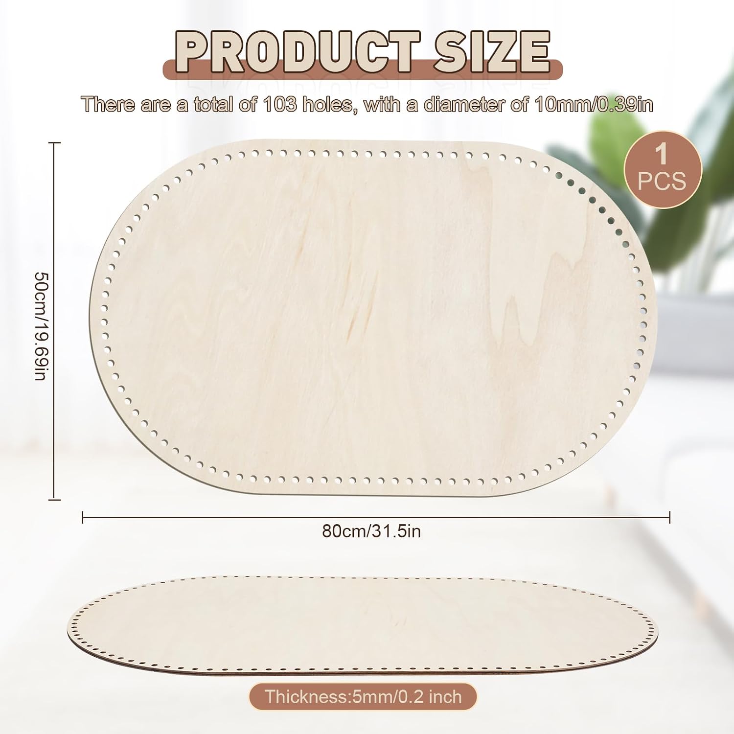10mm Hole Moses Basket Base for Crochet, HSSZXFR Oval Shape Large Moses Basket Wooden Base, for DIY Crochet Knitting Weaving Crafts Home Decoration (80x50x0.5cm(31.5"x19.7"x0.2"))