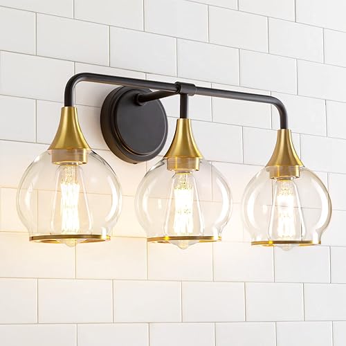 Lámpara de tocador de baño negra y dorada, 3 luces, sobre espejo con pantalla de vidrio transparente, aplique de pared de 22.4 pulgadas (excluye