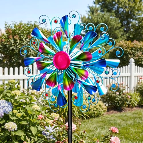 Image of Solar Wind Spinner Outdoor Metal - Peacock Kinetic Garden Sculptures with Color-Changing LED Lights, Waterproof Wind Catchers Yard Art Decor for Patio Lawn, for Women