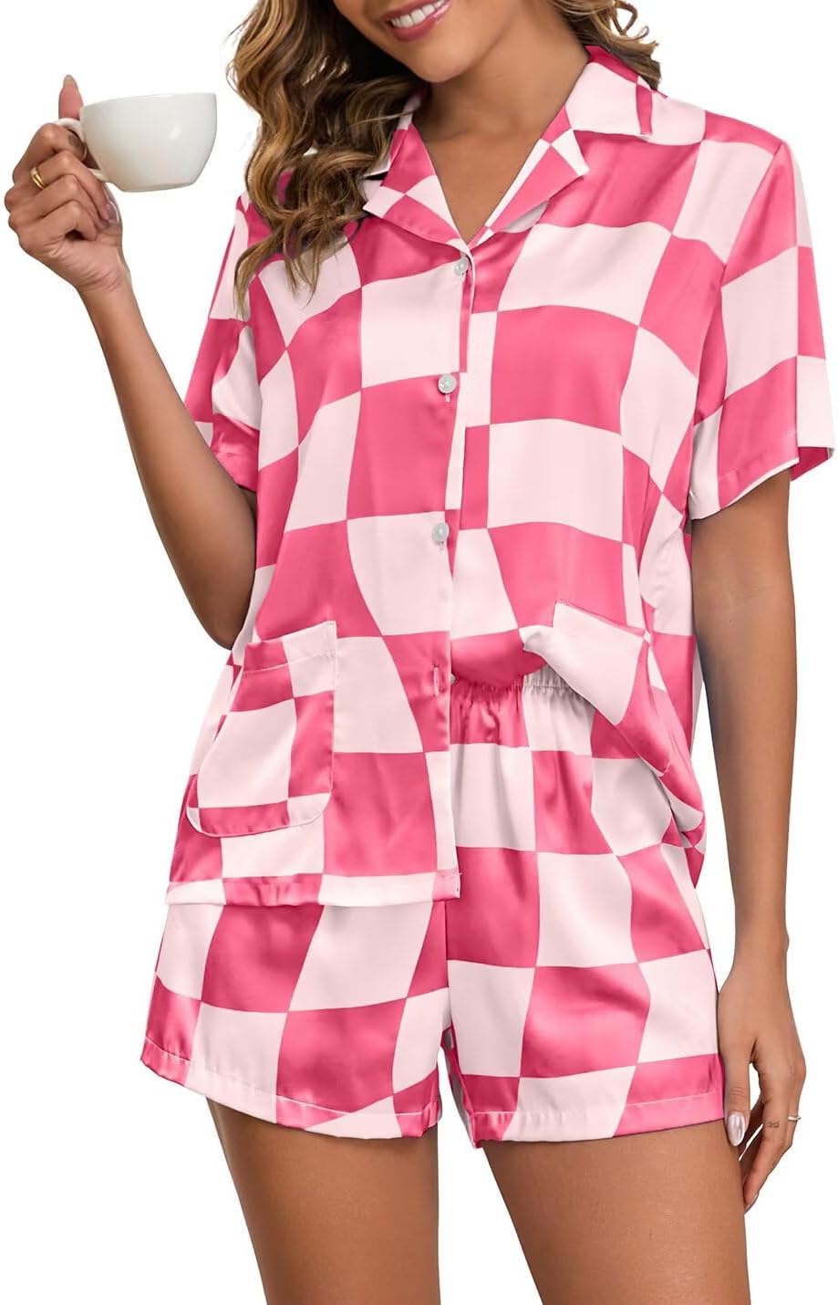 Brosloth Womens Silk Pajamas Summer Short Sleeve Floral Print Plaid Button Up Satin Pjs Set Loungewear Sets