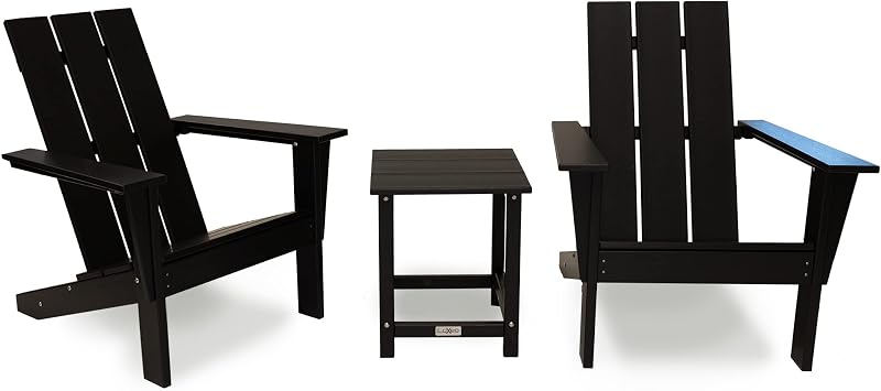 LuXeo Arcadia Outdoor Patio Adirondack Chair and Table Set, 3-Piece, Black