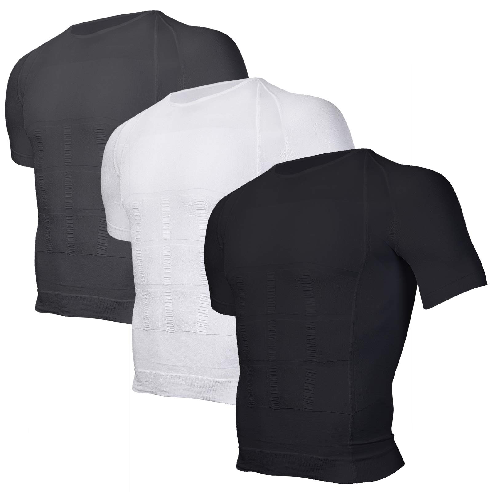 Odoland3 Pack Men's Body Shaper Slimming Shirt Tummy Vest Thermal Compression Base Layer Slim Muscle Short Sleeve Shapewear