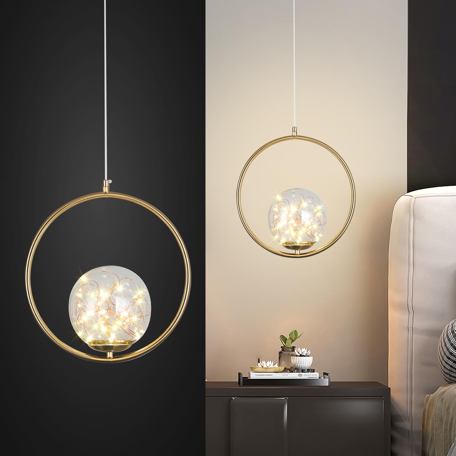 – YATAI Modern Golden Pendant Chandelier Light, 31cm Round Glass Shade, Adjustable Height Hanging Lamp for Bedroom, Living Room, Dining Room, Hall