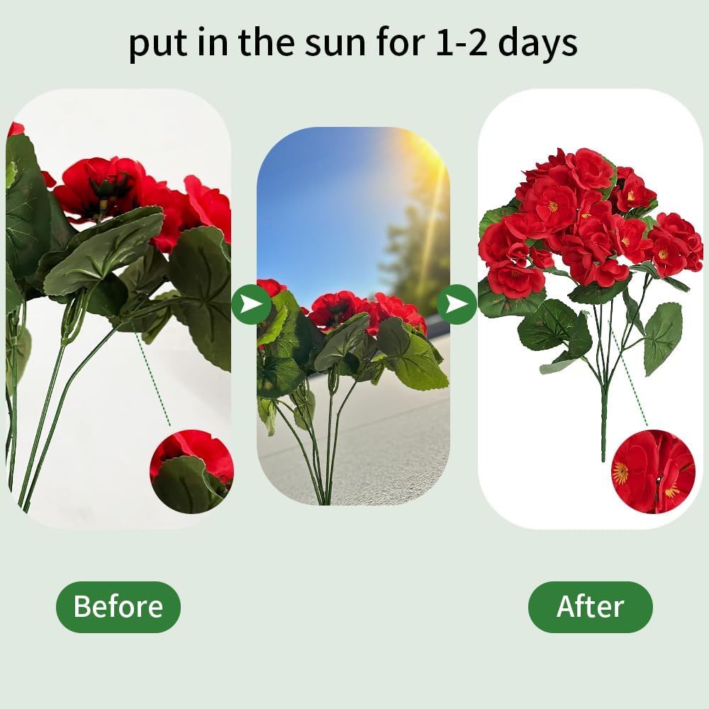 6 Bundles 15" Artificial Geranium Fake Flowers for Outdoor Decoration - Fake Silk Faux Plants UV Resistant for Front Door Planter Outside Balcony Yard Porch Garden Patio Home Decor(Red) - Image 7