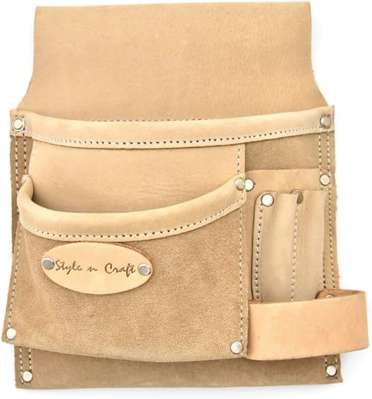 Style n Craft 5-Pocket Nail and Tool Pouch, Heavy-Duty Leather Tool Pouch with Leather Hammer Loop, Durable Full-Grain Leather Pouch (92826)